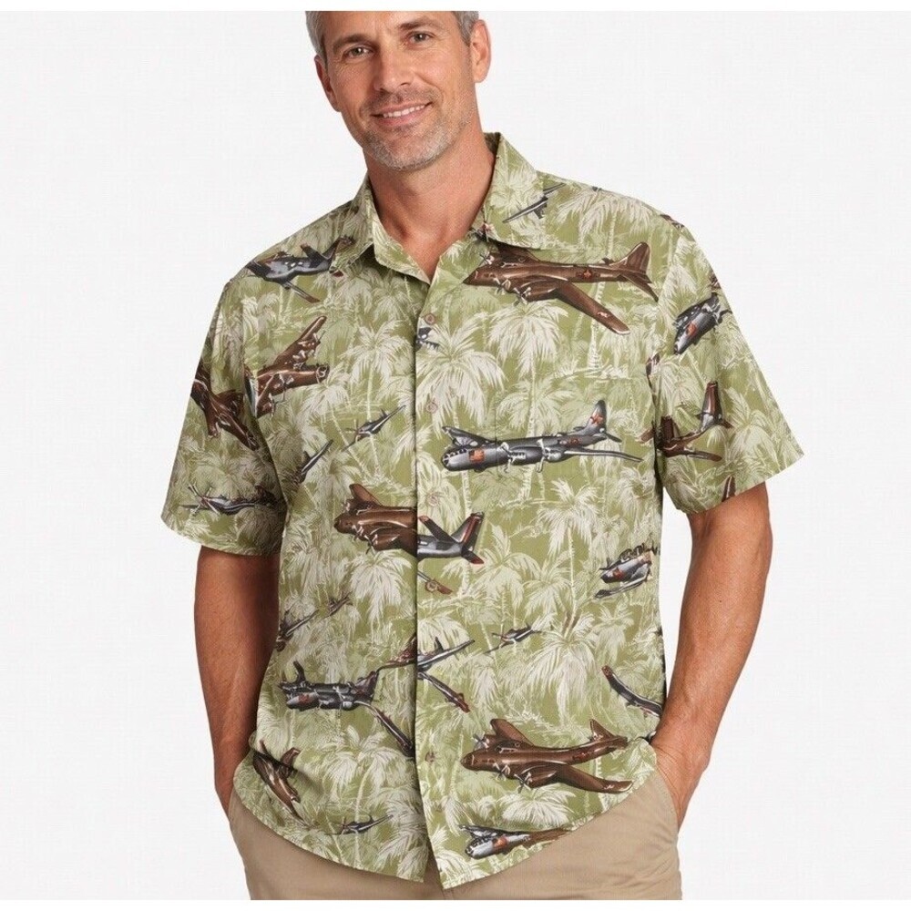 Kalaheo Hawaiian Shirt Mens XL Military Airplane Palm Made Hawaii